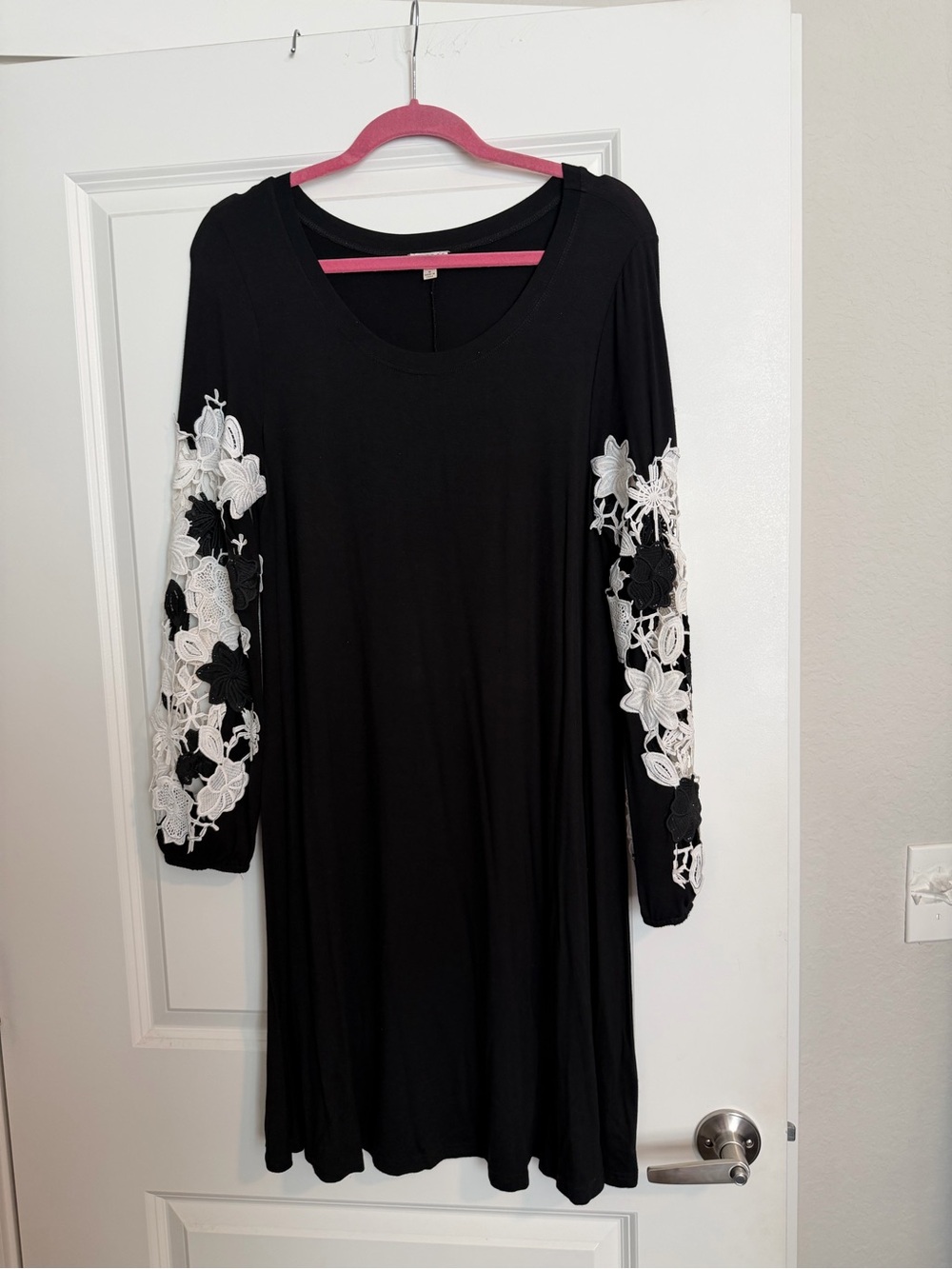 Spense Black Midi Dress with White Floral Lace Sleeves